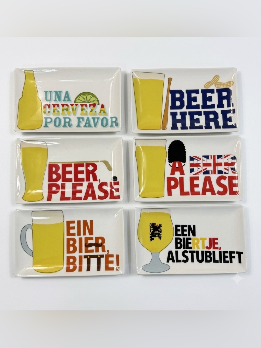 Crate & Barrel Set o 6 Beer Sampler Appetizer Tidbit Plates International Sports